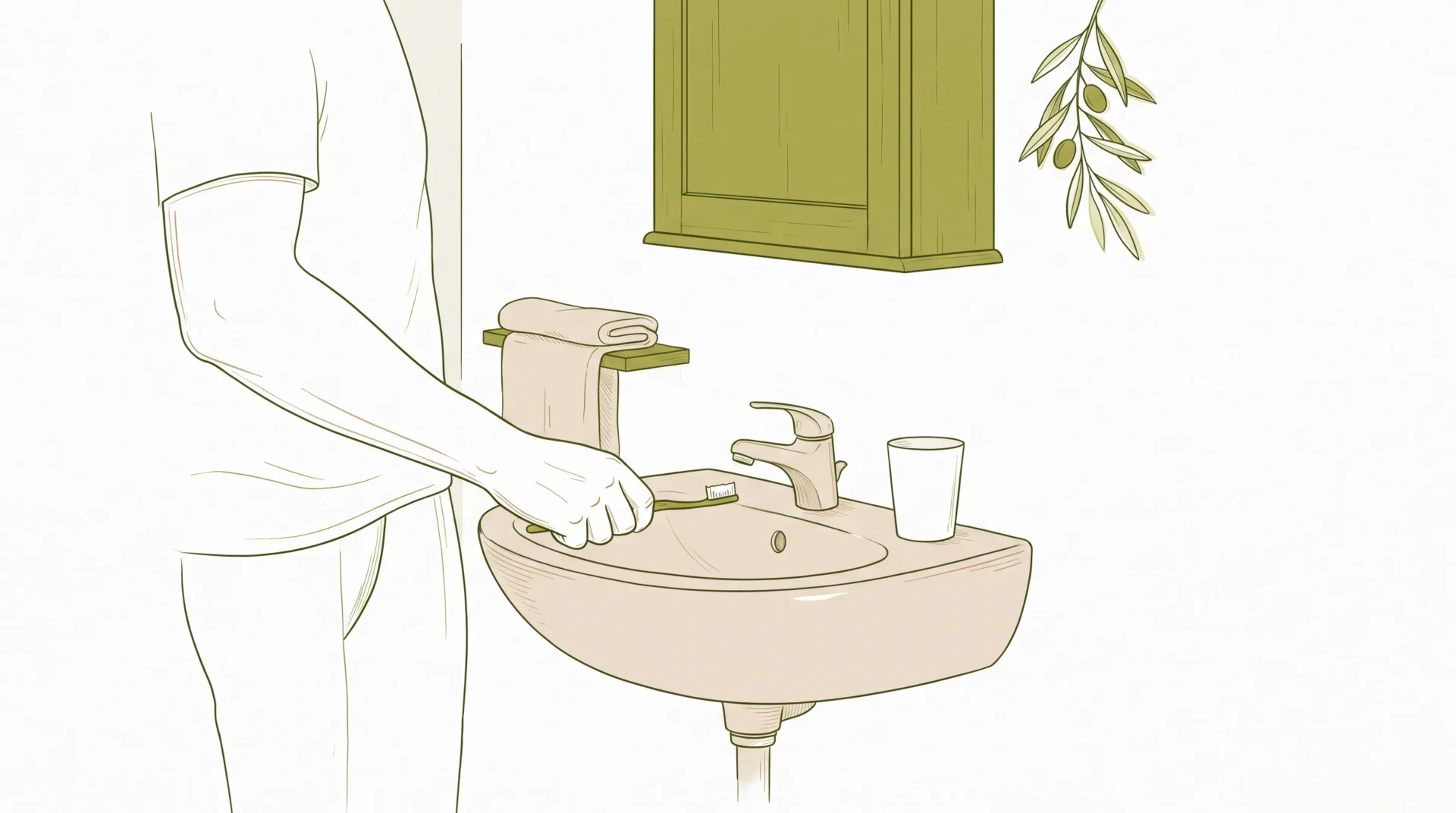 An adult brushes teeth at a bathroom basin as part of everyday dental care before regular check-ups.