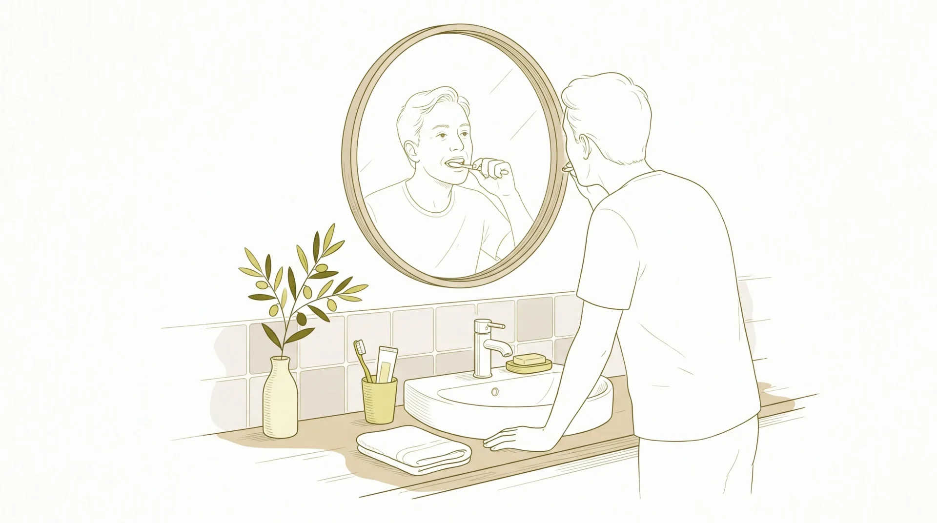 An adult checks their teeth in a bathroom mirror beside a sink, showing everyday oral care at home.