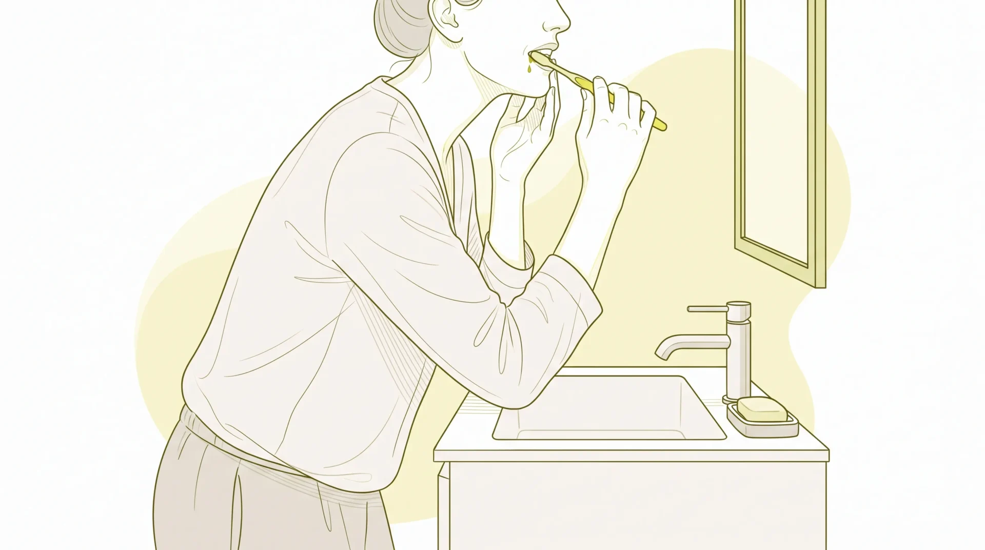 An adult gently brushing at a bathroom sink with a small amount of blood showing at the gumline.