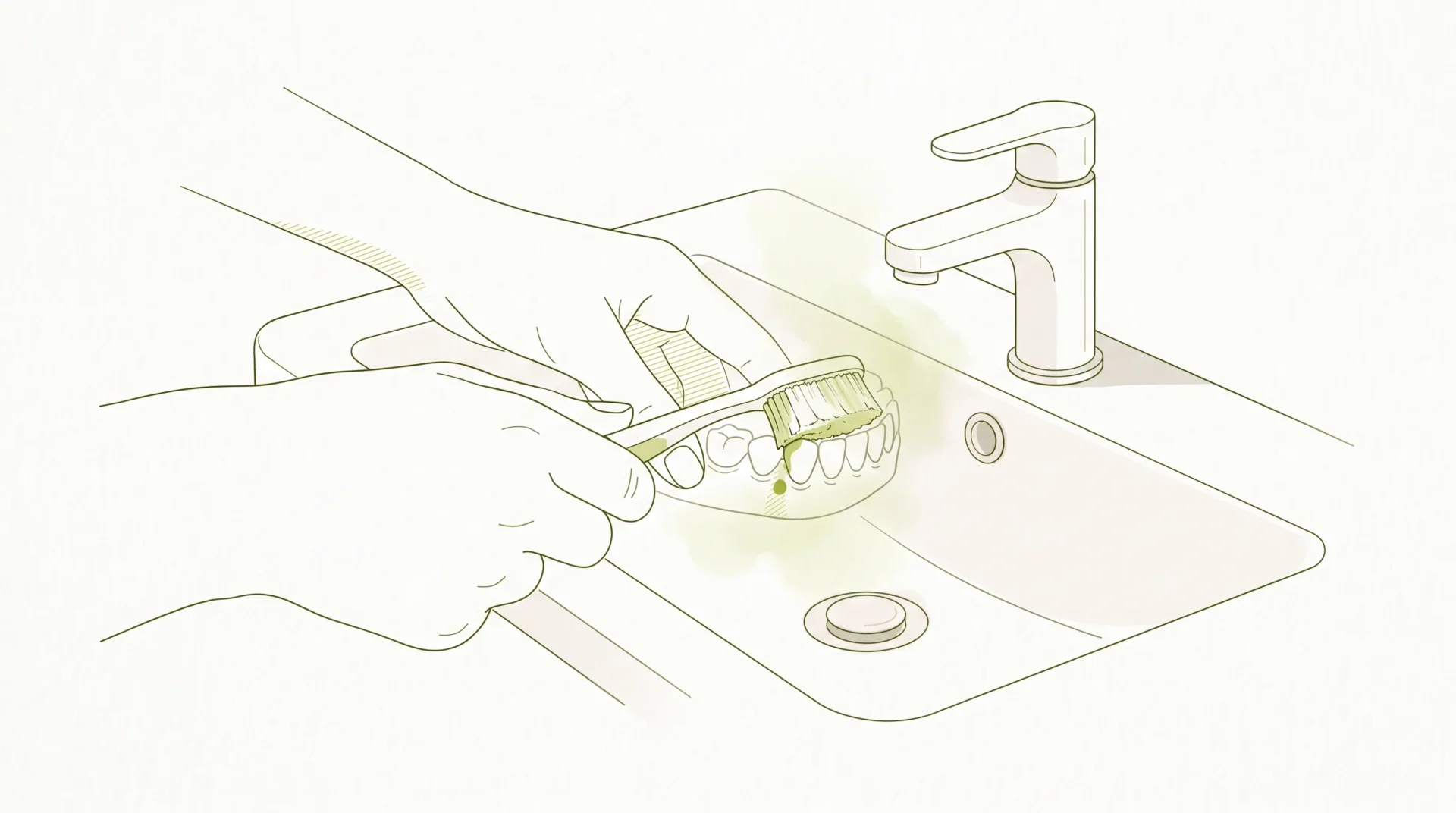 An adult gently brushing at a bathroom sink with a soft toothbrush and a small trace of blood at the gumline.