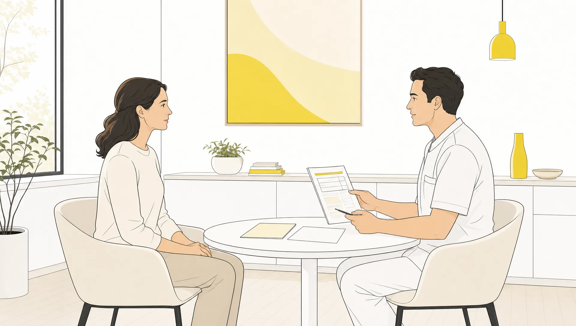 An adult patient and dentist discuss private dental care across a small table with blank documents between them.