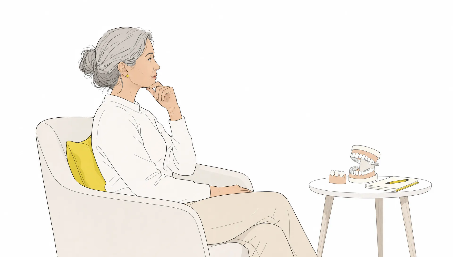 An adult patient sits thoughtfully beside dental forms while considering a second opinion.