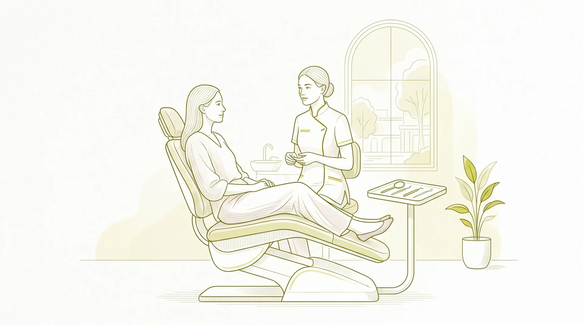 An adult patient talks calmly with a dental professional in a Toorak clinic room beside a dental chair and small treatment tray.