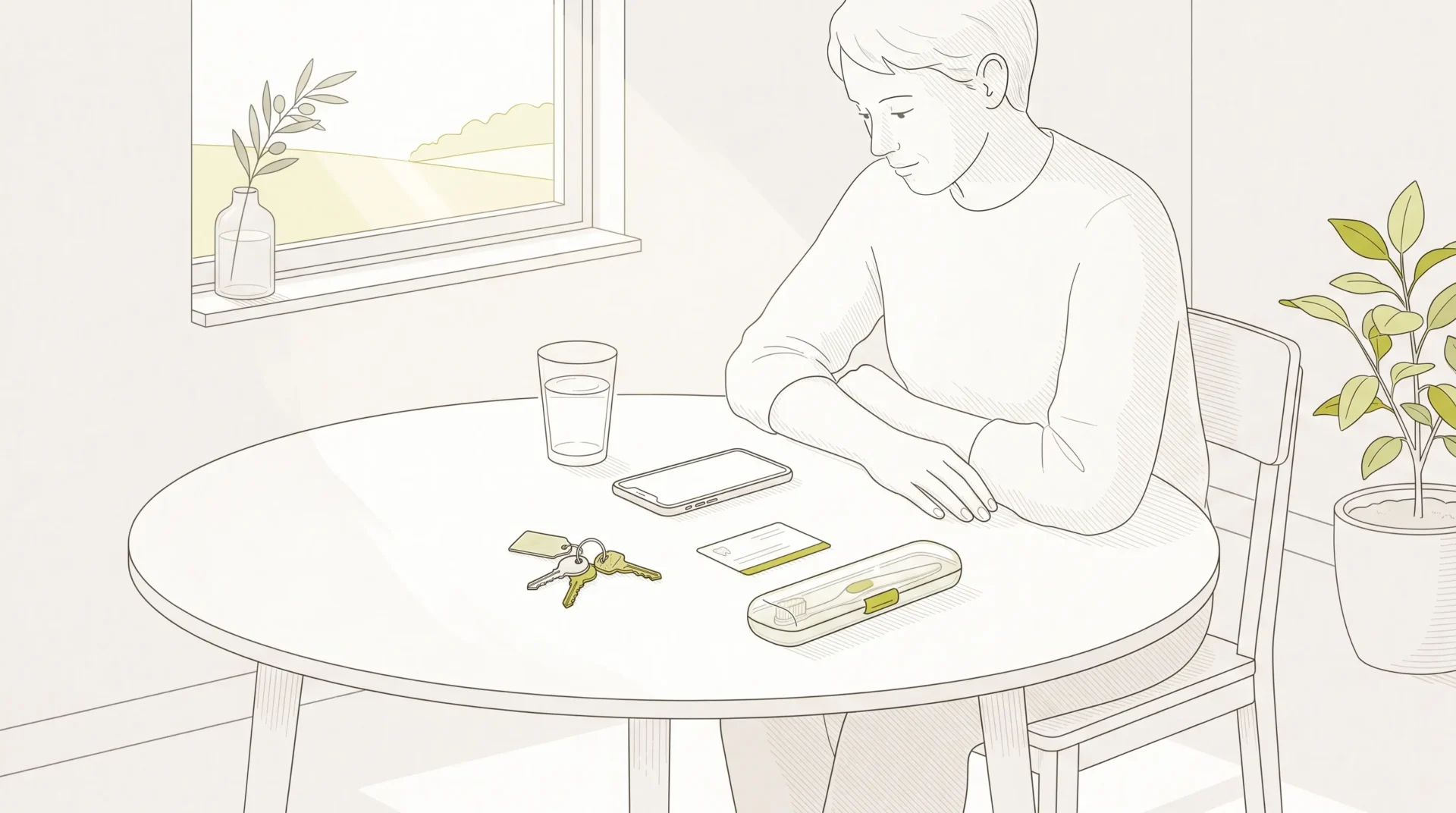 An adult sits at a kitchen table with a water glass and dental appointment card before a gentle dental visit.
