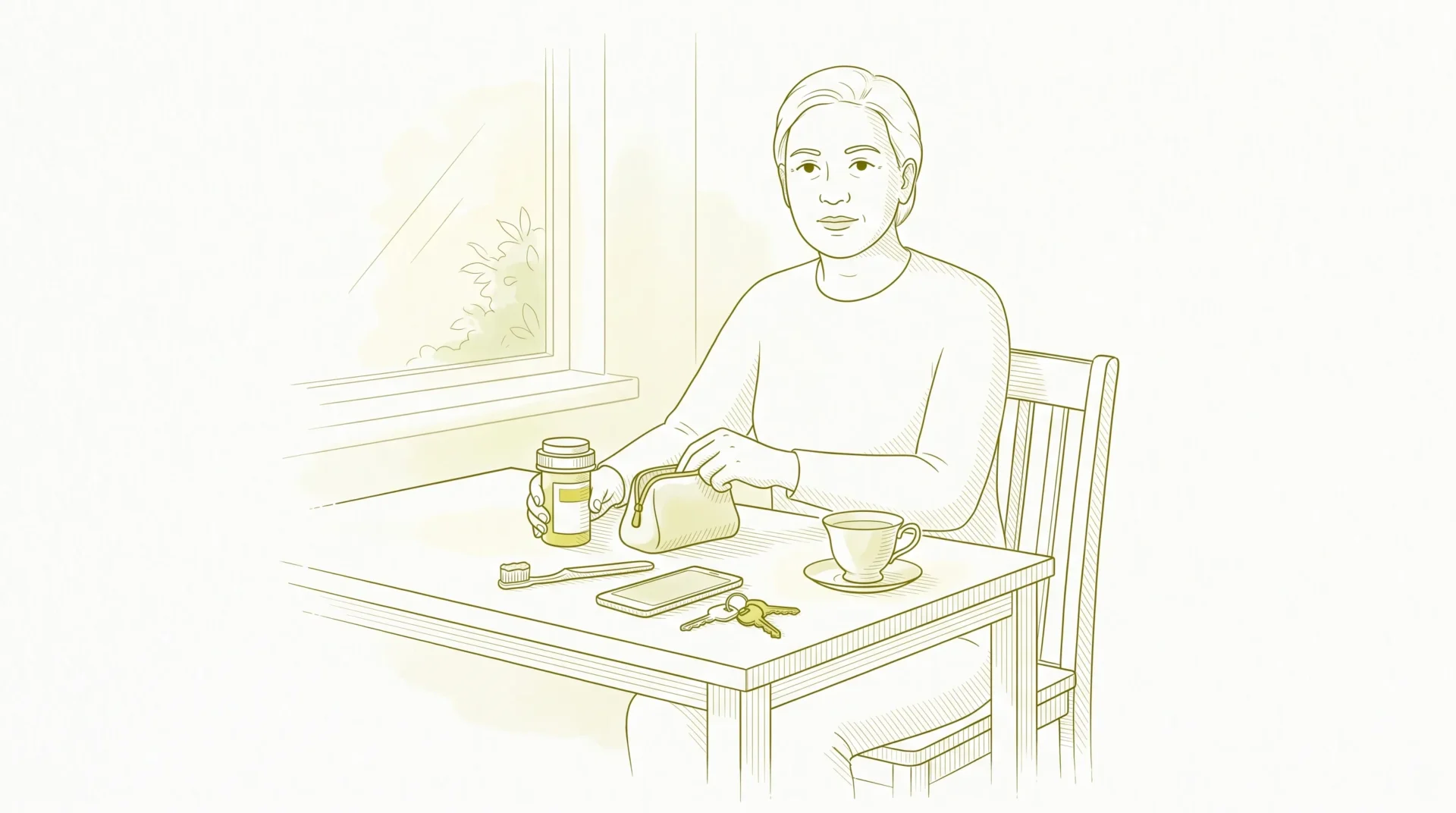 An adult with a calm, complete face gathers a closed medicine container and personal items at a home table before a dental appointment.