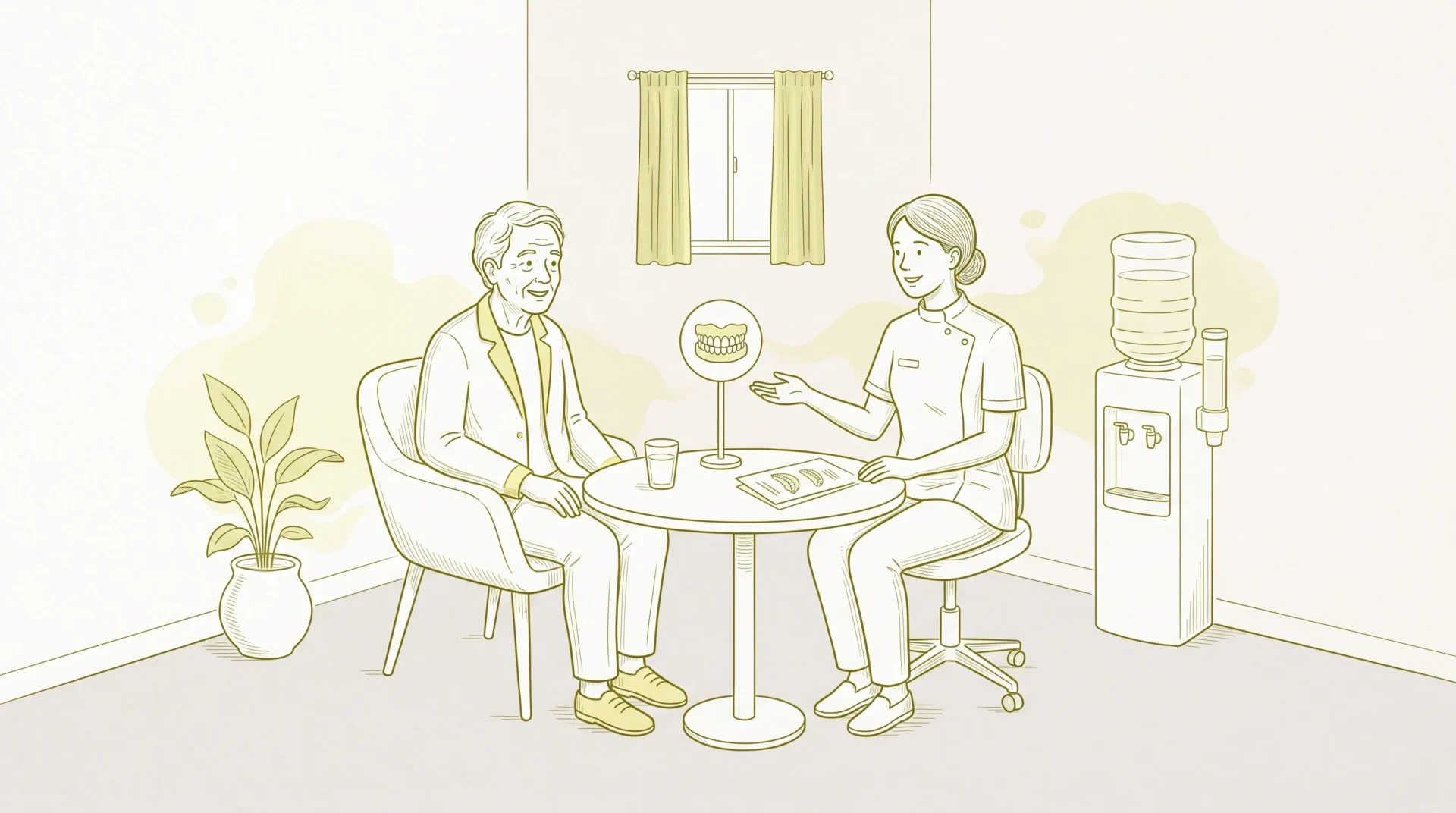 An older adult talks with a dentist in a consultation room about oral care, dry mouth and dentures.