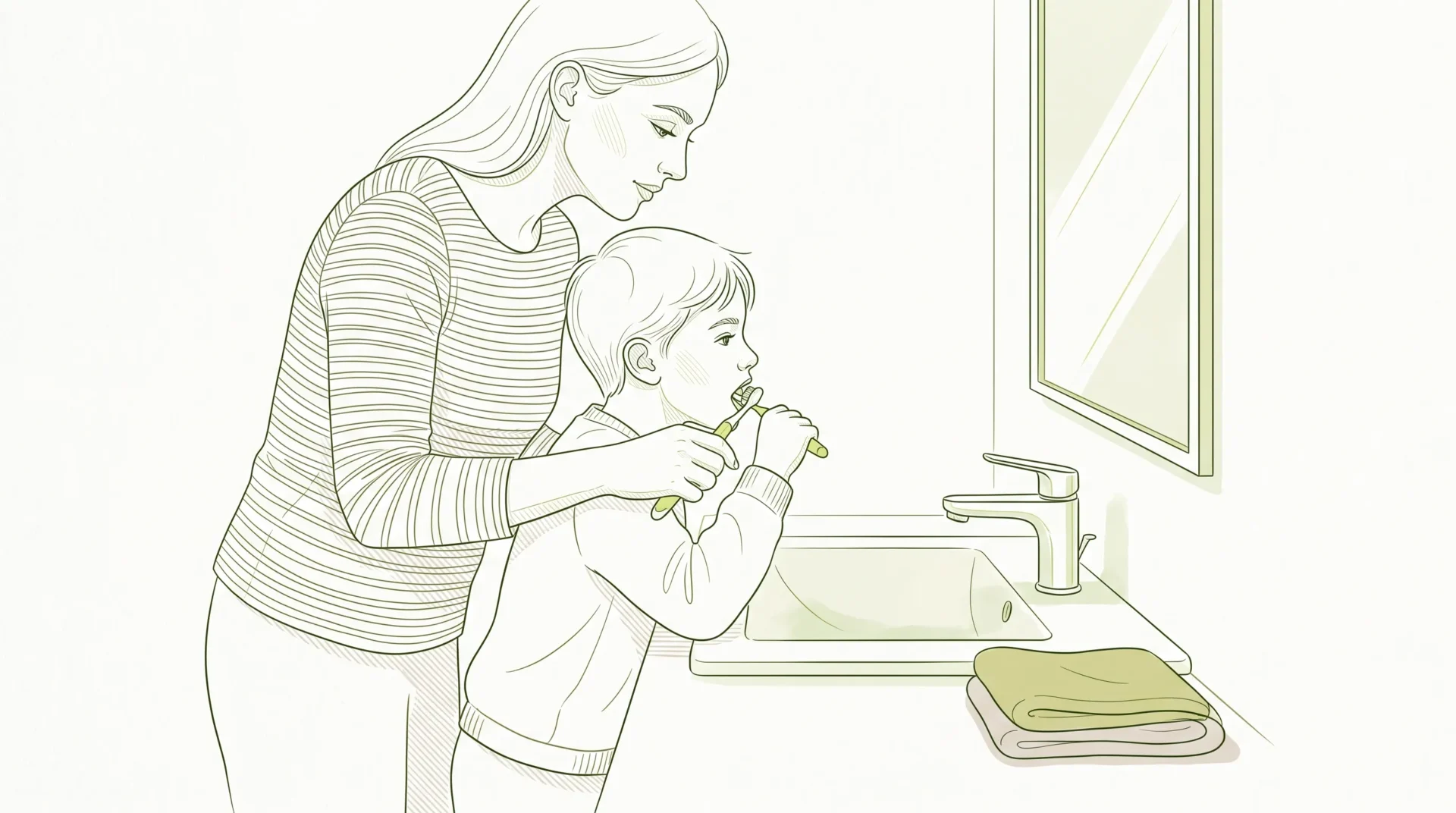 At a bathroom basin, a parent gently guides a school-aged child’s hand as they practise brushing with a small, soft toothbrush.