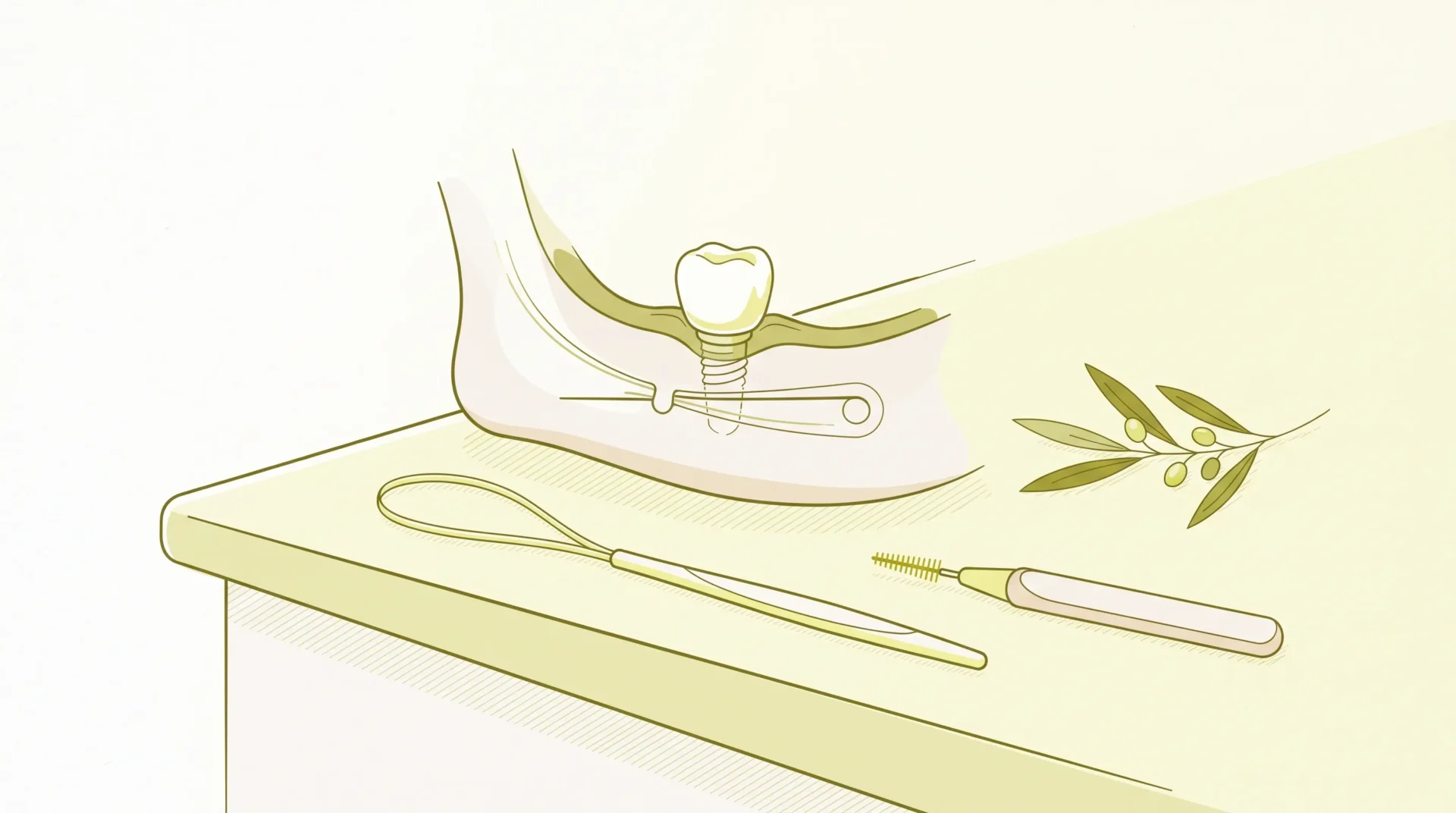 Cleaning aids are shown beside an implant crown and bridge area in a Toorak dental care scene.