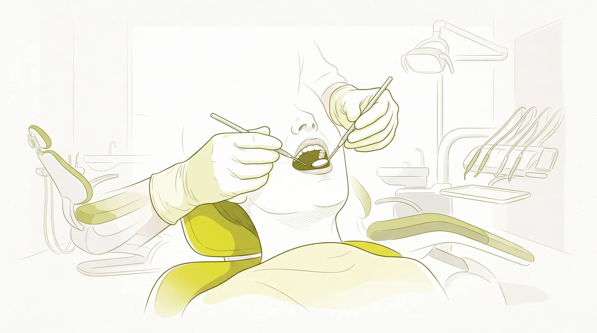Gloved dental hands use a mirror and probe during a careful check-up in the chair.