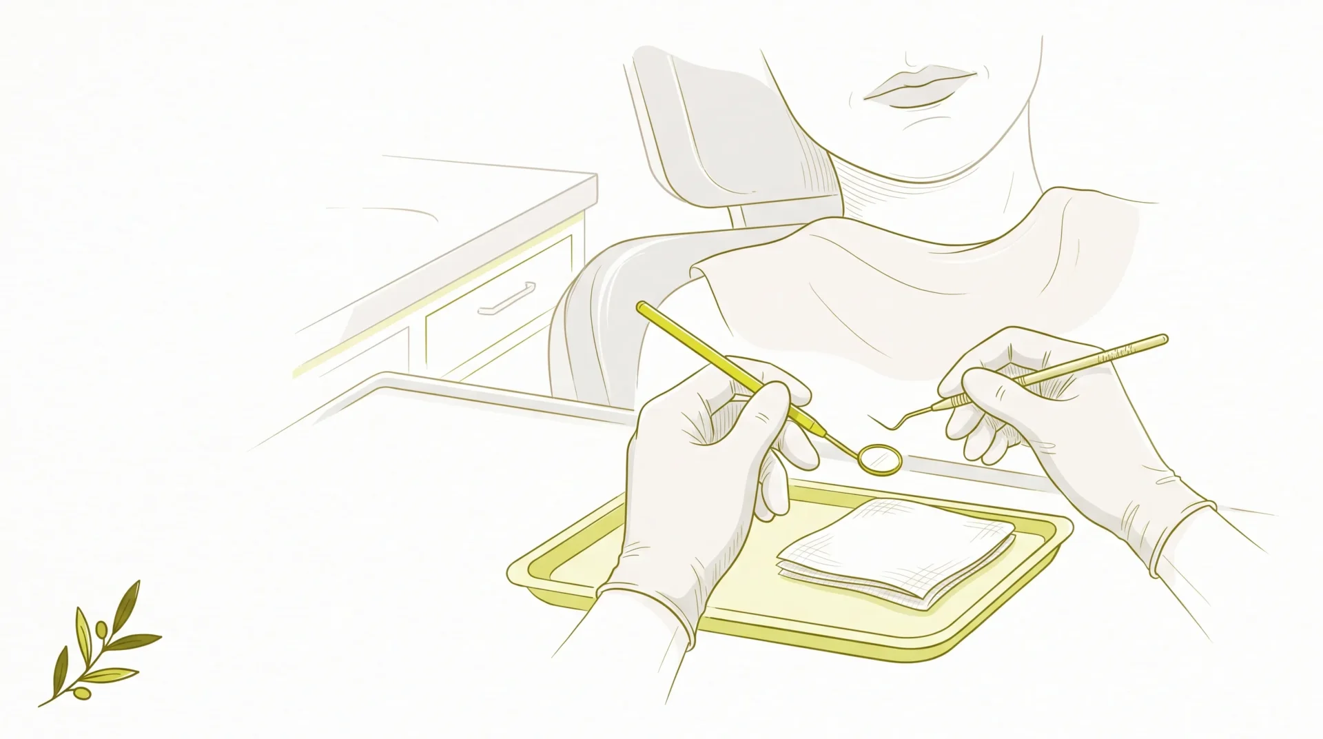 Gloved hands set out dental tools and gauze beside a chair for an appointment.