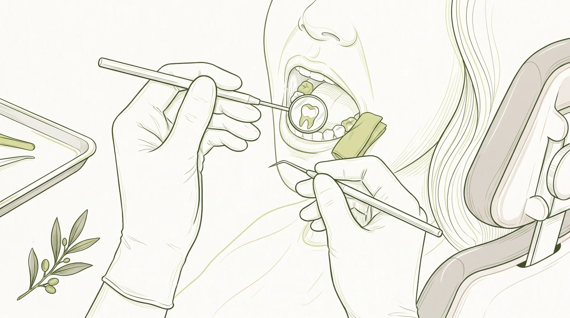 Gloved hands use a dental mirror and probe during a routine examination in the chair.