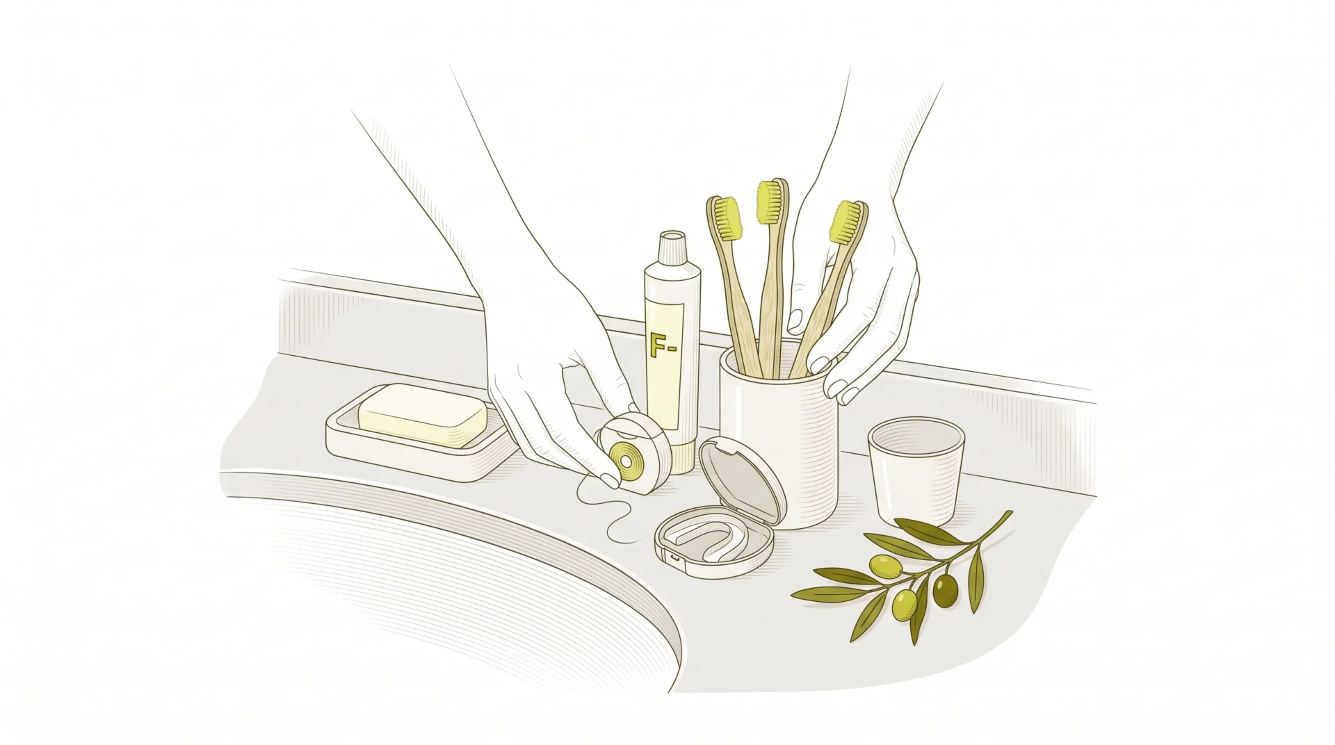 Hands set out toothbrushes, floss and a mouthguard on a bathroom counter for the school week.