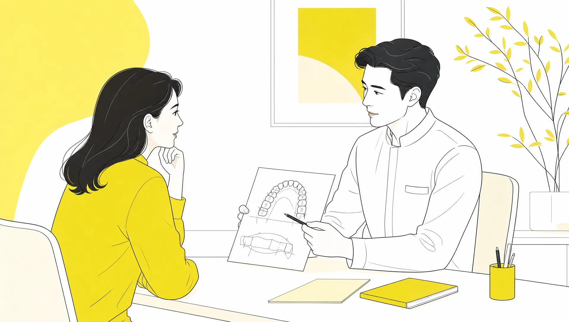 Premium editorial vector illustration of a calm dental consultation, showing an adult patient and dentist reviewing a simple dental arch and treatment sketch on a desk, with refined white space and no text or logos. Style block: premium editorial vector illustration, flat or semi-flat, fine near-black linework, predominantly white with restrained citrus yellow accents and pale straw and soft citrus tints, matte finish.